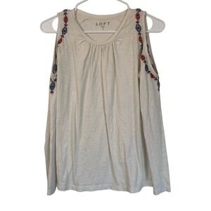 LOFT Womens Small Cream Embroidered Flower Cold Shoulder Top Spring Casual Top‎